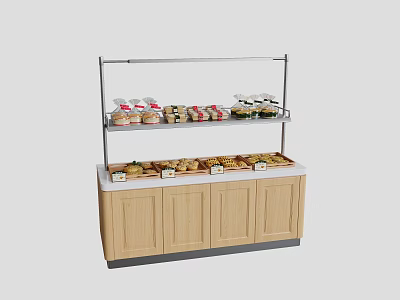 Food Display Shelf with Wooden Cabinet and Upper Racks for Pastries and Breads 3d model