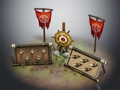 Red National Flag with Symbol on Wooden Pole Near Vintage Steering Wheel Stones and Grass 3d model