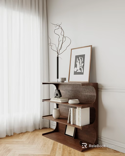 Minimalist Wooden Console Table With Branches Vase Artwork Books And Decorative Items 3d model 