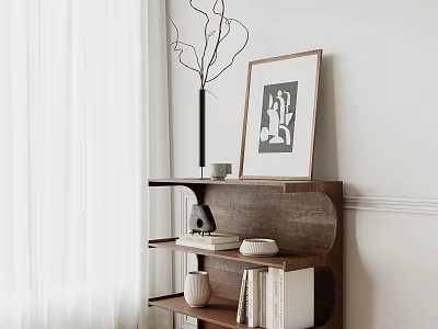 Minimalist Wooden Console Table With Branches Vase Artwork Books And Decorative Items 3d model