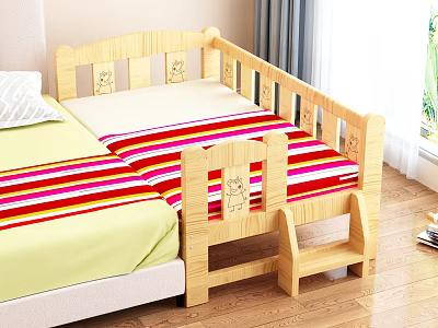 Wooden Kids Bed With Safety Rails Striped Mattress And Small Step Stool 3d model