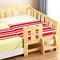Wooden Kids Bed With Safety Rails Striped Mattress And Small Step Stool