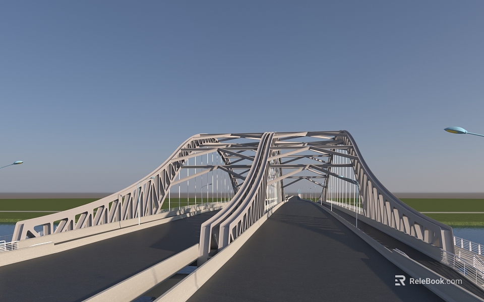 Modern Steel Arch Bridge With Black Road Surface And White Railings Under Blue Sky 3d model 