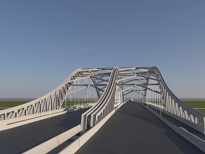 Modern Steel Arch Bridge With Black Road Surface And White Railings Under Blue Sky 3d model