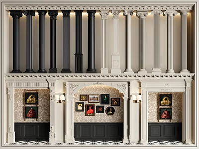 Symmetrical Black and White Columns with Decorative Capitals in Classical Interior with Sconces and Artworks 3d model