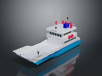 White And Blue Vessel With Upper Deck Red Life Rings And Structure Design 3d model