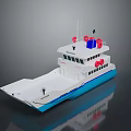 White And Blue Vessel With Upper Deck Red Life Rings And Structure Design