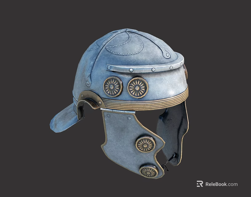 Ancient Roman Metal Helmet With Decorative Circular Emblems And Chin Strap Design 3d model 