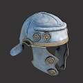 Ancient Roman Metal Helmet With Decorative Circular Emblems And Chin Strap Design
