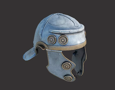 Ancient Roman Metal Helmet With Decorative Circular Emblems And Chin Strap Design 3d model
