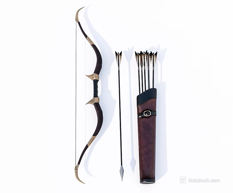 Traditional Hunting Bow And Arrow Set With Leather Quiver And Metal Tips 3d model 