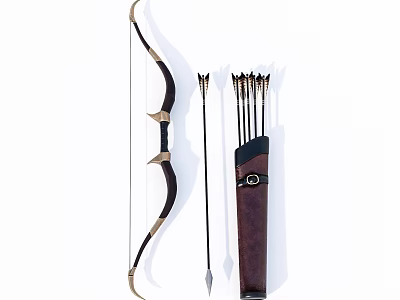 Traditional Hunting Bow And Arrow Set With Leather Quiver And Metal Tips 3d model