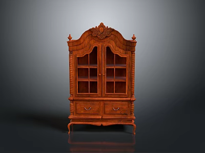 Antique Ornate Carved Wooden Cabinet With Glass Doors And Drawers Design 3d model