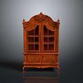 Antique Ornate Carved Wooden Cabinet With Glass Doors And Drawers Design