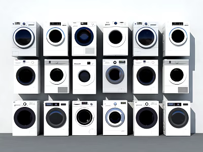 Various Washing Machine Models Arranged In Stacked Rows Against White Background 3d model