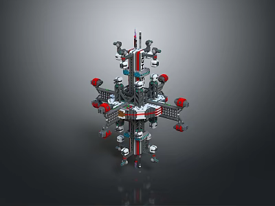 Intricate Mechanical Structure 3D Model Featuring Symmetrical Design Red Silver Components And Extended Arms 3d model