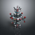 Intricate Mechanical Structure 3D Model Featuring Symmetrical Design Red Silver Components And Extended Arms