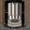Luxurious Modern Public Restroom With Marble Walls And Ornate Floor Pattern