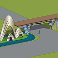 Modern Entrance Gate With Wavy Structure Extended Canopy Green Lawn And Blue Sky