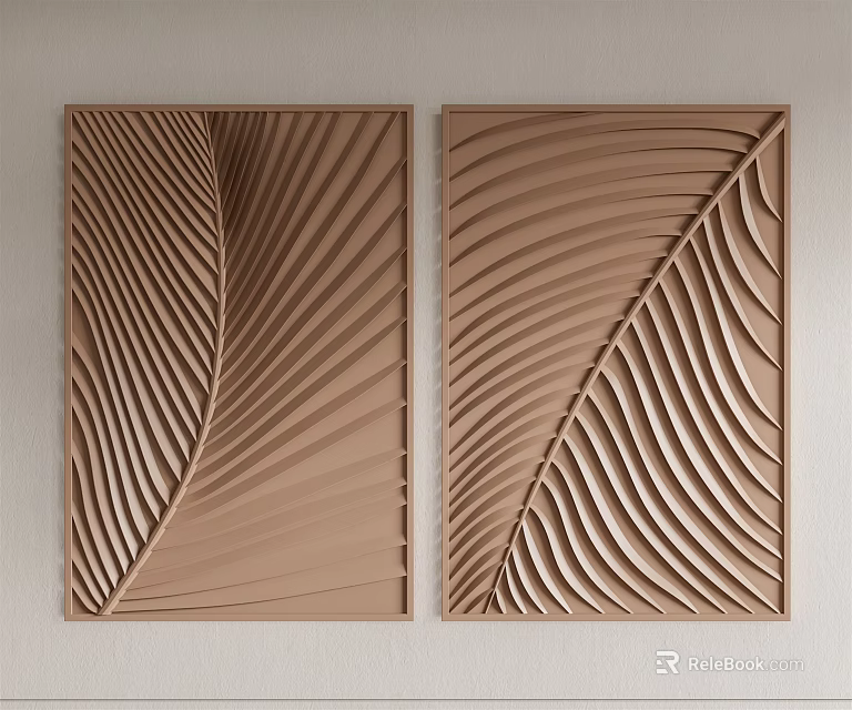 Two Panel Brown Embossed Wall Decor With Leaf Vein Texture For Home Hanging 3d model