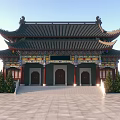 Ancient Chinese Architecture With Overhanging Eaves Black Tiled Roof Stone Steps And Pine Trees