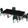 Modern Dining Table Set with Black Rectangular Tabletop and Four Blue Upholstered Chairs 3d model