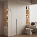 Elegant Modern Room Interior With White Wardrobe Open Shelves Desk Lamp And Laptop