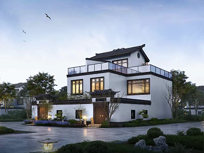 Modern Chinese Style Detached Villa Exterior With Large Windows Balcony Courtyard Greenery And Warm Lighting 3d model