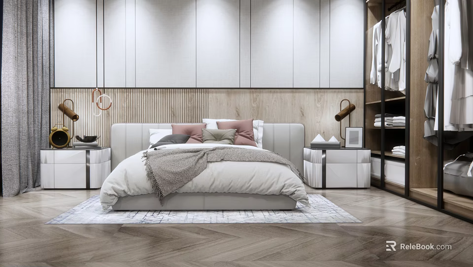 Modern Bedroom Interior With Double Bed Pillows Throw Blanket And Wardrobe 3d model 