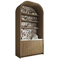 Stylish Wooden Sideboard with Marble Back Panel and Shelves Holding Dishes Glasses and Decor
