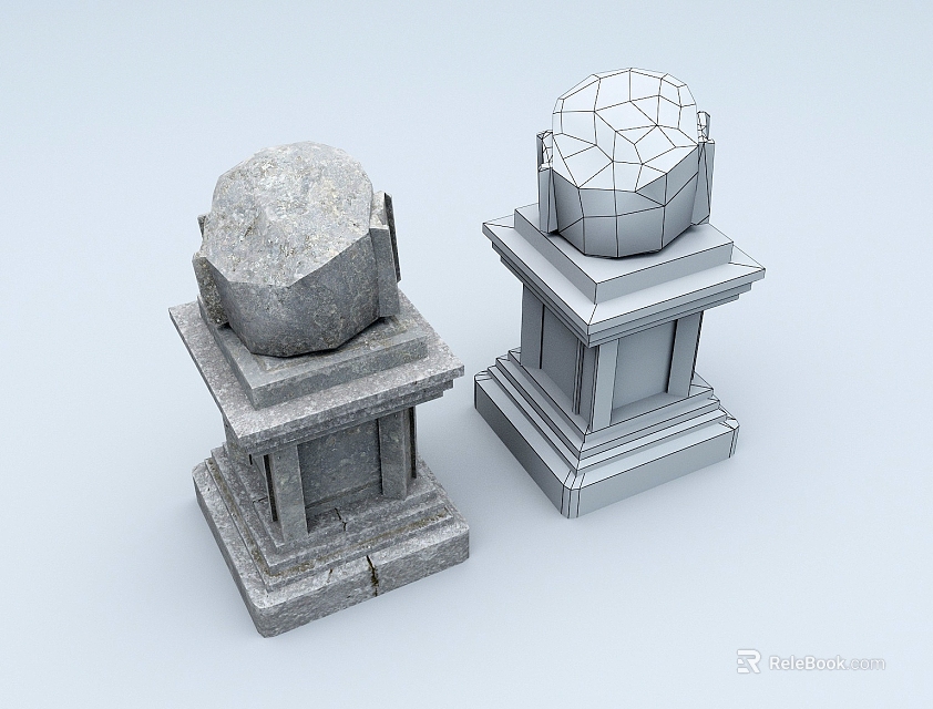 Two Different Columns With Textured Stone Base And Geometric Mesh Sphere Top 3d model 