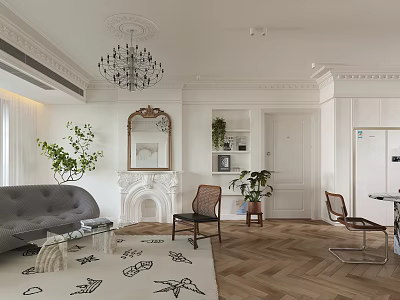 Modern Dining and Living Room Interior With Chandelier Fireplace Sofa And Plants 3d model