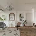 Modern Dining and Living Room Interior With Chandelier Fireplace Sofa And Plants