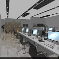 Public Office Space With Multiple Computers Modern Workstations And Bright Lighting 3d model