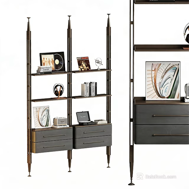 Modern Bookshelf With Open Shelves Drawers Books Records And Decorative Items 3d model 