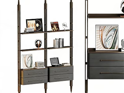 Modern Bookshelf With Open Shelves Drawers Books Records And Decorative Items 3d model