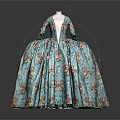 Vintage Turquoise Floral Pattern Dress With Full Skirt And Long Sleeves