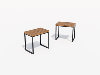 Minimalist Modern Wooden Stools With Black Metal Frame And Slatted Seat 3d model