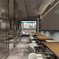 Modern Restaurant Interior With Hanging Lights Booths Tables Chairs Green Plants And Windows
