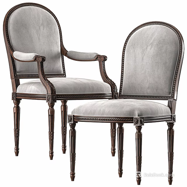 Classical Style Wooden Frame Chairs with Gray Velvet Upholstery and Carved Armrests 3d model 