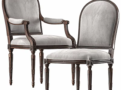 Classical Style Wooden Frame Chairs with Gray Velvet Upholstery and Carved Armrests 3d model