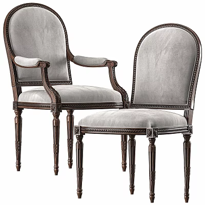 Classical Style Wooden Frame Chairs with Gray Velvet Upholstery and Carved Armrests 3d model