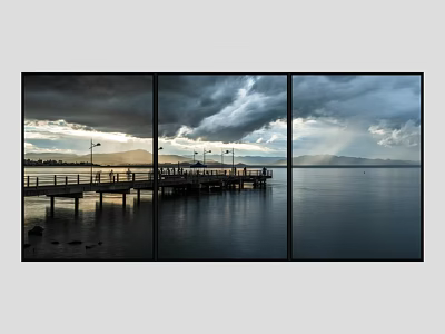 Three Panel Wall Decor Painting Featuring Cloudy Sky Lake Pier Mountain And Street Lights 3d model