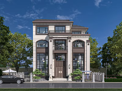Modern Chinese Style Two Story Detached Villa With Arched Windows Brown Roof And Green Plants 3d model