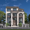 Modern Chinese Style Two Story Detached Villa With Arched Windows Brown Roof And Green Plants