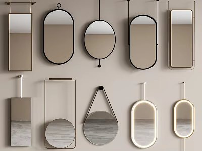 Modern Bathroom Mirrors In Various Shapes With Metal Frames And Wall Mounted Design 3d model