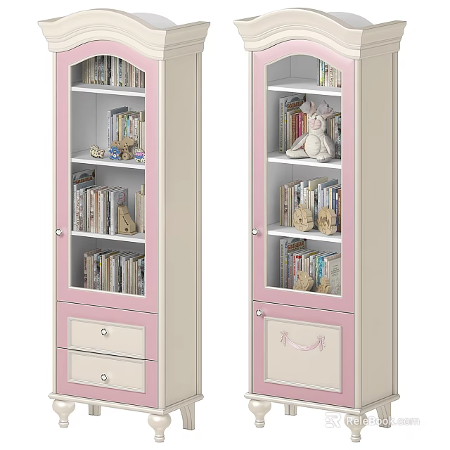 Pink And Beige Decorative Cabinet With Open Shelves Drawers Books And Stuffed Toy 3d model 