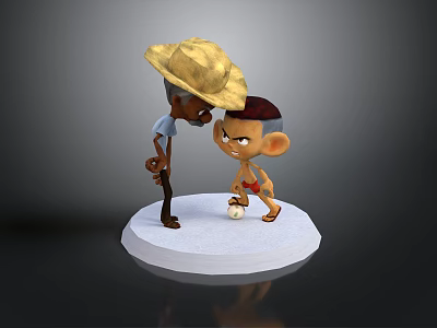 Cartoon Characters With Straw Hat And Small Figure Standing On White Base 3d model
