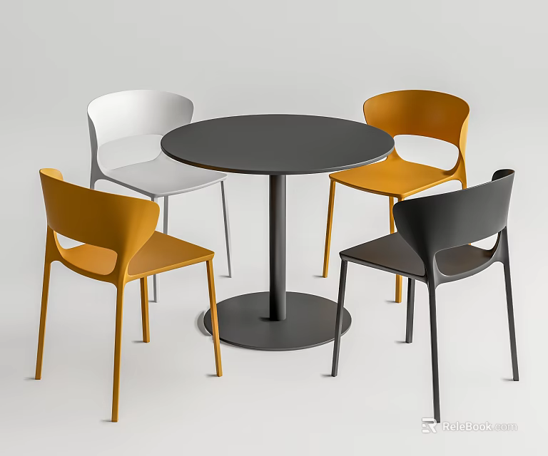 Modern Dining Table Set With Round Black Table And White Orange Black Chairs 3d model