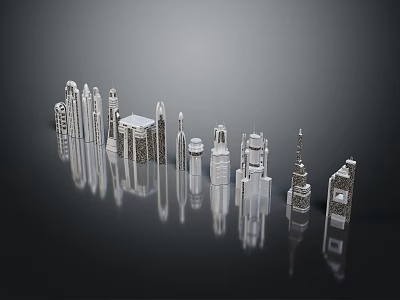 Cartoon City Building Models With Reflective Surfaces On Dark Background 3d model